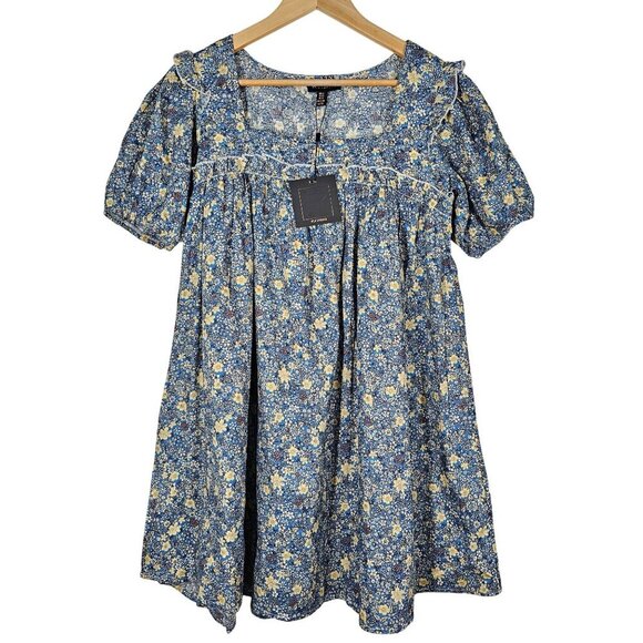 ASOS QED London Cotton Poplin Puff Sleeve Prarie Dress Blue Floral Women 8 NWT - Picture 4 of 14